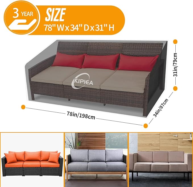 Kipiea Patio Sofa Cover, Heavy Duty Outdoor Couch Covers Waterproof Winter, 3-Seat Patio Furniture Cover Loveseat, Outdoor Sofa Covers with Anti UV and No Tears, No Fading (78" W x 34" D x 31" H)