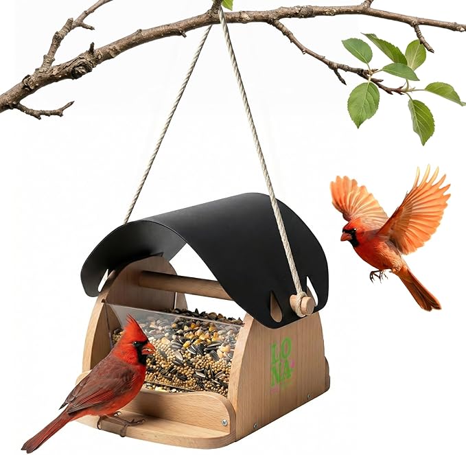 LONA Wooden Bird Feeder for Outdoors Hanging, Large Capacity Hopper with Weatherproof Roof Birdfeeder for Feeding Outside Garden Wild Birds Cardinals Finches Robin Sparrow Blue Jay Chickadees