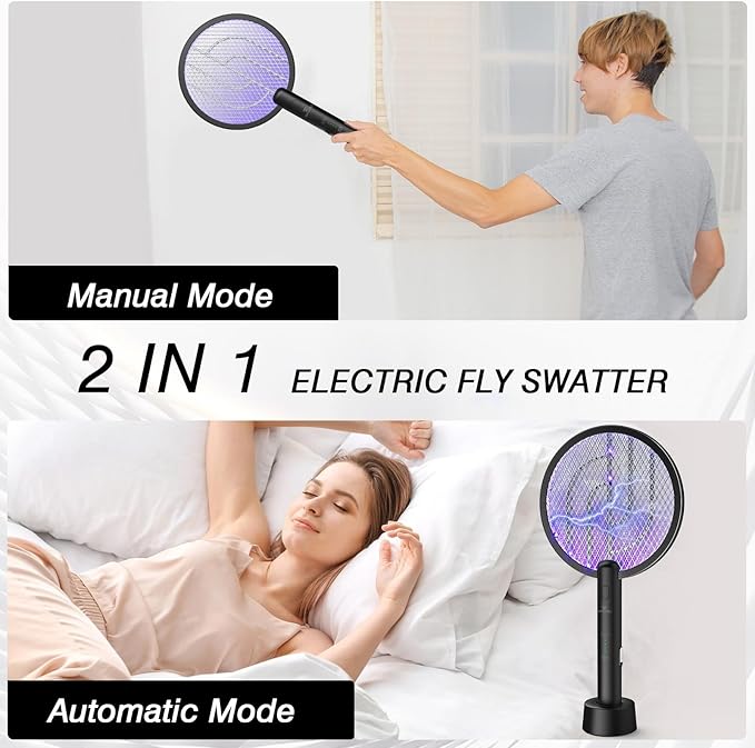 Bug Zapper Racket, 2 Mode Fly Swatter USB Rechargeable, 4000V Electric Fly Zapper with 3 Layer Safety Mesh，Electric Racket for Kitchen, Home, Garden and Outdoors(2 Pack