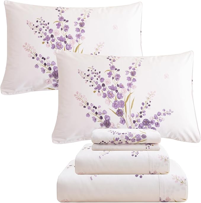 QSH Lavender Floral Bed Sheets Queen Size - 100% Egyptian Cotton Sheets Purple Flower Printed Bedding Sheets Queen Size Bed 4pcs Deep Pockets Bed Sheets