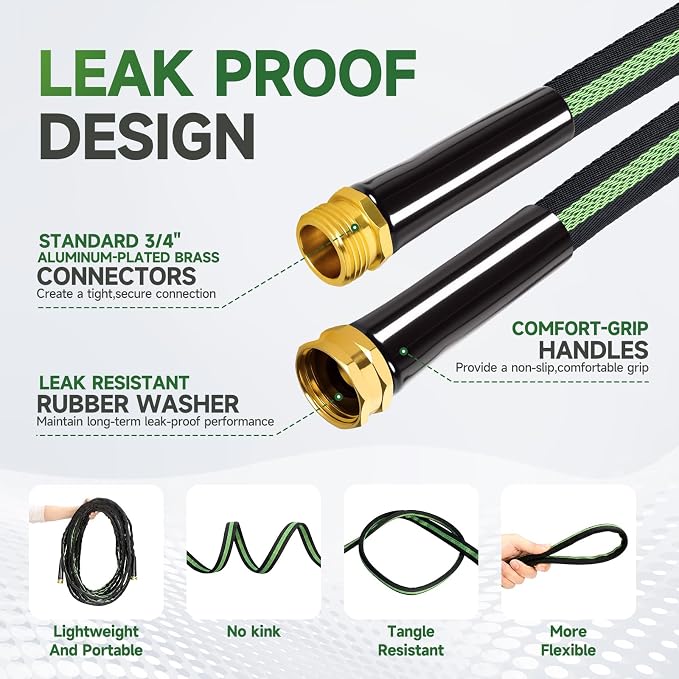 Garden Hose 75 ft Flexible Water Hoses Non-Expanding Lightweight Portable No Kink High Pressure Flat Fabric 3/4” fittings Leak-proof Durable Pipe for Outdoor Outside Yard Lawn Patio Watering Car Wash