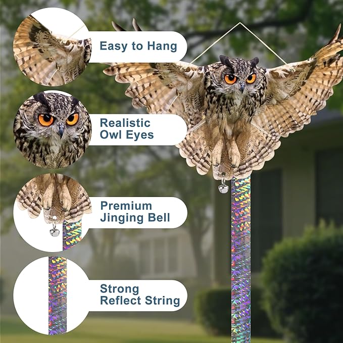 5PCS Fake Owl Reflective Hanging Owl Decoration, Effective Owl Control Device Garden Protectors for House, Garden, Pool, Yard