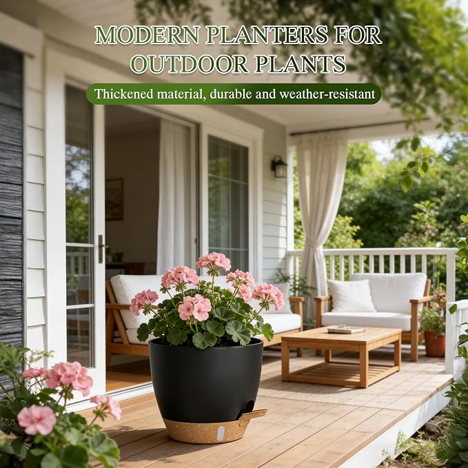 Self Watering Pots with Drainage Holes, 2 Pack 8 Inch Plant Pots with Water Level Indicator Deep Reservoir, Large Plastic Planter for Indoor Outdoor Plants - Black Brown