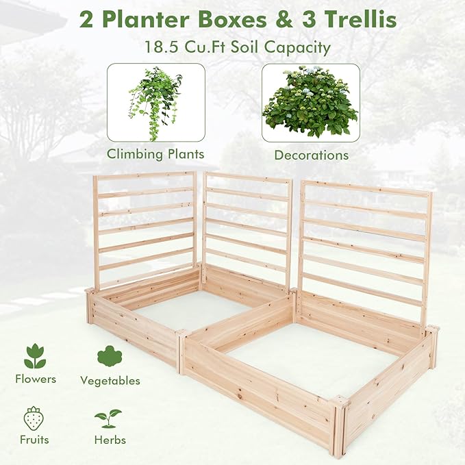 HAPPYGRILL Raised Garden Bed with 3 Trellises, Outdoor Wood Raised Bed w/ 2 Planter Boxes for Flowers, Vegetables, Fruits Climbing Vines, Elevated Garden Box for Yard Patio, 88" L x 45" W x 43" H
