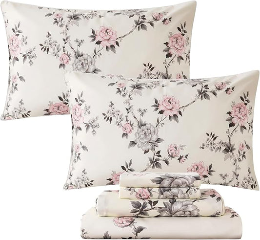 FADFAY Floral Sheets Set Full Vintage Rose Floral Bedding Shabby Grey and Pink Peony Print Sheets Farmhouse Bedding 800 Thread Count 100% Egyptian Cotton Soft Deep Pocket Fitted Sheet 4Pcs, Full Size