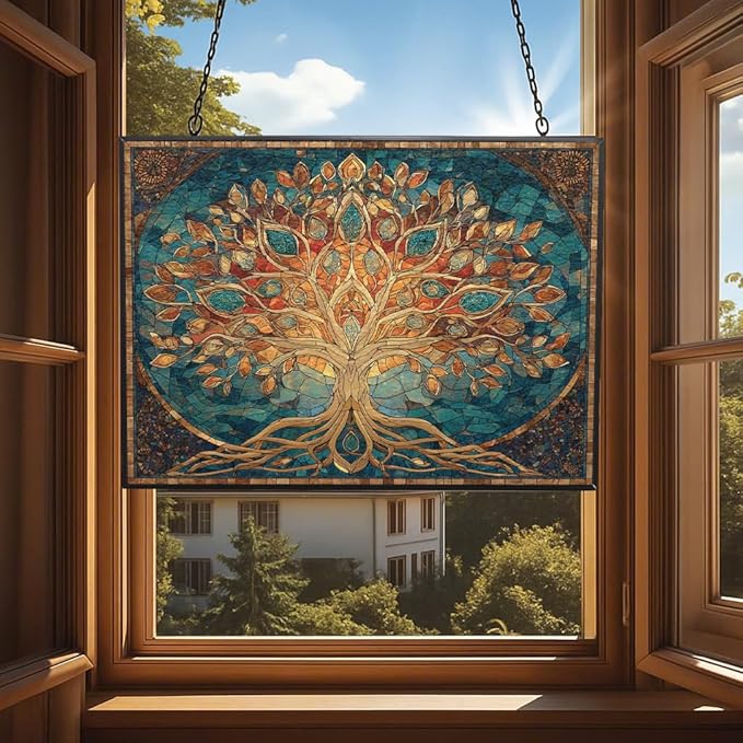 Rectangle Mosaic Sacred Geometry Tree of Life Stained Glass Suncatcher Window Hangings, Suncatchers Colorful Glass Panel Sun Catchers Gifts, Decoration for Home Garden Decor