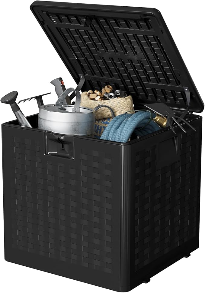 GarveeLife 28 Gallon Resin Deck Box, Weatherproof and UV Resistant Outdoor Storage Box, Lockable Outdoor Storage Bin for Patio Cushions, Garden Tools, Pool Supplies, Package Delivery, Black