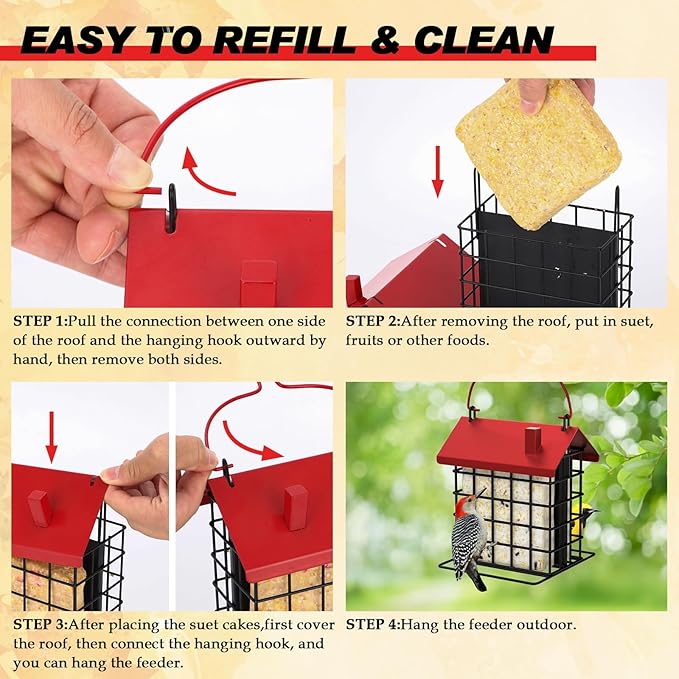 Gbekery All-Metal Double Suet Bird Feeder for Outdoors Hanging, Suet Cake Cage Holder with Weather-Resistant Roof & Perch for Outside Garden, Red