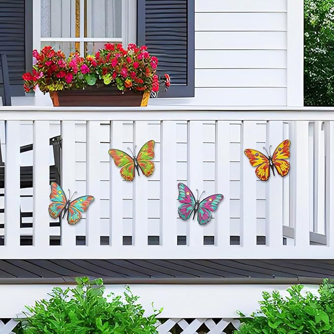 Daogtc Metal Butterfly Wall Decor - 9.6" Outdoor Fence Wall Art Decor, Hanging Decorations for Garden Yard Living Room Bedroom Patio Balcony(4 Pack)