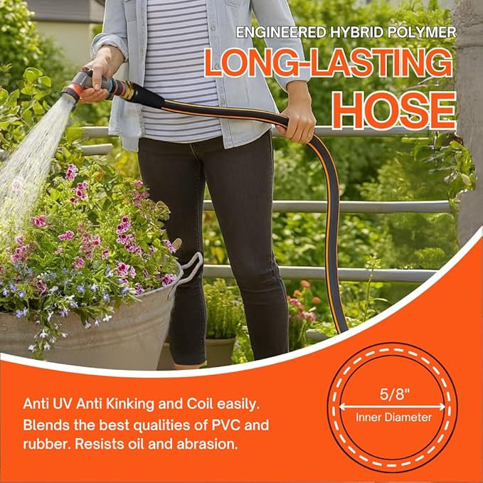 Flexibility Garden Hose, 10ft x 5/8", No-Kink, Wear-Resistant & Freeze-Resistant, Flexible Water Hose, Rubber Hose With Male/Female Fittings, Working Pressure 200 PSI,Burst 600 PSI, 3/4'' GHT