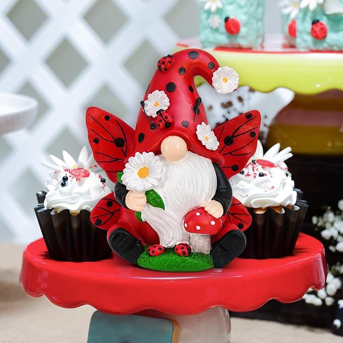 Ladybug Gnome Garden Decor, Fairy Gnome Figurine with Flowers, Spring Summer Outdoor Garden Decorations for Yard Lawn Patio, Garden Gifts for Women