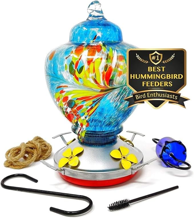 Nature Gear Glass Hummingbird Feeder for Outdoors, Hanging Bird Feeder with Ant Moat, Hand-Blown Glass Garden Feeder, Easy Clean Wide Mouth, Rust Resistant, 38 oz, Blue Burst