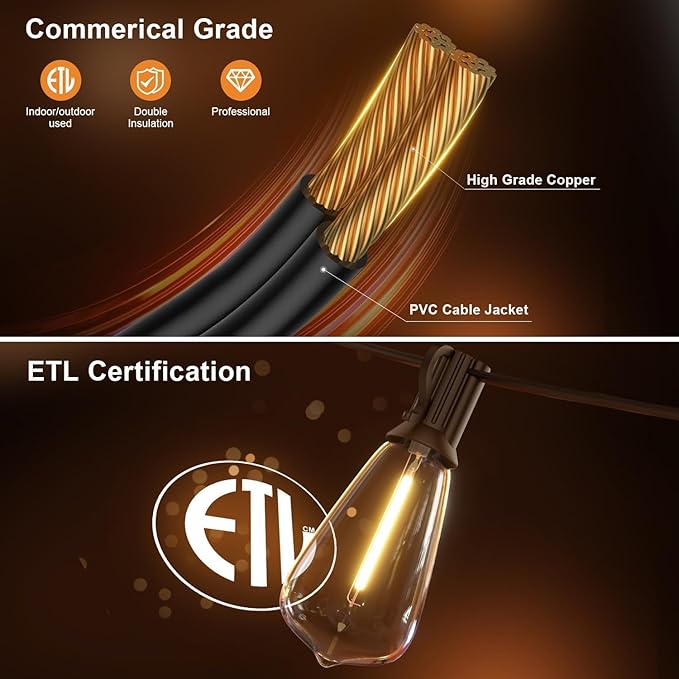 100FT Outdoor String Lights, Waterproof Patio Lights with Shatterproof ST38 Vintage Edison Bulbs, Connectable Outside Hanging Lights for Backyard, Porch, Deck, Balcony, Garden, 2700K Dimmable