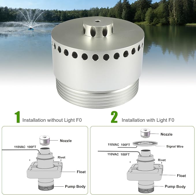 Goldlife Pond Fountain Aerator Nozzle - 1 x N2 Nozzle, Al-Alloy Silver, 36ft Wide 16ft High three-Layer Water Spray Sprinkler Head, Replacement Fountain Aerator Pump Nozzle for Garden Pond Lake