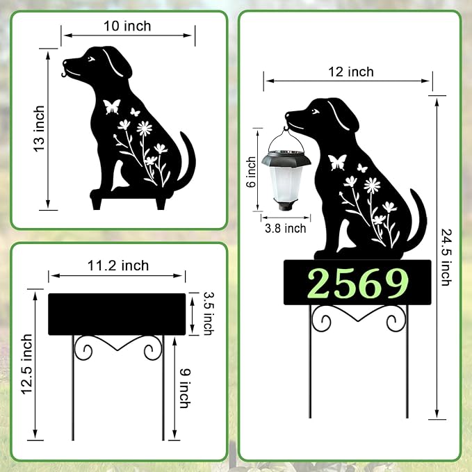 Solar House Numbers for Outside,Metal Dog Address Signs for Houses Yard | Glow in The Dark Decorative Outdoor Ornaments for Garden Stakes,Lawn,Pathway,Patio