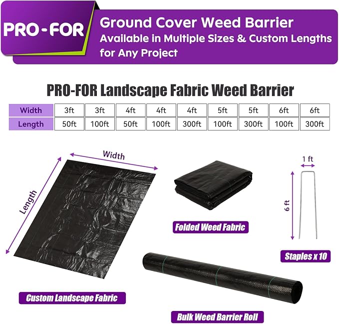 4FT x 100FT 3.2oz Heavy Duty Weed Barrier Landscape Fabric – Premium Woven Ground Cover for Gardening, Farming & Driveways, Breathable Weed Control Cloth with 10 U-Shaped Securing Pegs