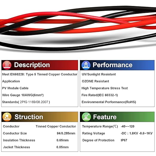 iGreely Solar Panel Wire - 200Ft 10 Gauge 10AWG Tinned Copper PV Extension Cable, UV Resistant for Boat, Marine, Automotive, RV, Outdoor Use - Black