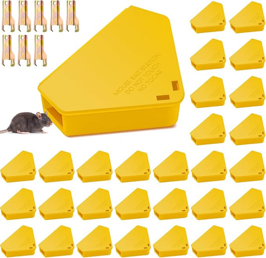 Qualirey 36 Pcs Mice Station with Key Triangle Mouse Station Lockable Reusable Bait Box, Enclosed Design for Indoor and Outdoor Use, Suitable for Small Mice (Yellow)