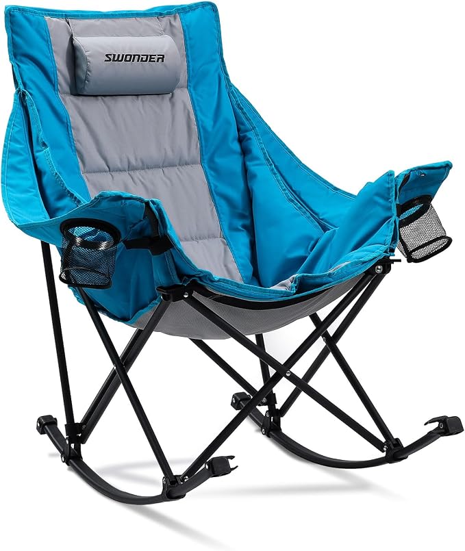 Swonder Oversized Rocking Camping Chair with Innovative 2-in-1 Removable Seat Cushion for All Seasons, Fully Padded Folding Outdoor Chair with Headrest and Carry Bag