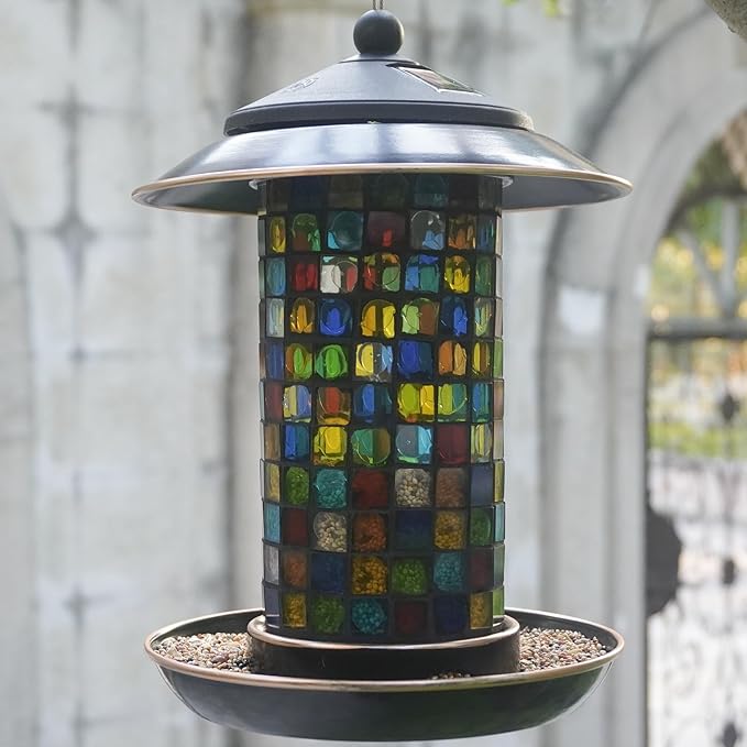 Solar Bird Feeder for Outdoors Hanging - Mosaic Glass Bird Feeder for Cardinals and Finches, Garden Décor Gift for Nature Lovers (1.5 lbs Capacity, Vita/Square)