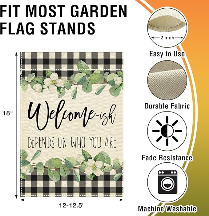 Artofy Welcome-ish Depends on Who You Are Small Decorative Garden Flag, Funny Family Buffalo Plaid Botanical Yard Lawn Outside Decor, Humorous Burlap Outdoor Home Decoration Double Sided 12 x 18