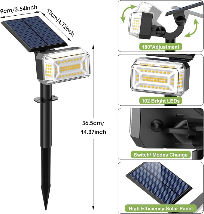 WENATY 102 LED Solar Spot Lights Outdoor Waterproof IP65, Adjustable Landscape Spotlights, [8 Pack/4 Modes] Auto On/Off Solar Powered Flood Lights for Outside Yard Garden Wall Pathway (Warm White)