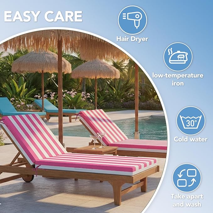 L'AGRATY Outdoor Lounge Chaise Cushion: 72x21x3 Inch Waterproof Lounge Chair Cushion for Outdoor Furniture with Fade Resistant Removable Cover - Patio Cushions for Pool Lawn Deck(Blue White 2Pcs)