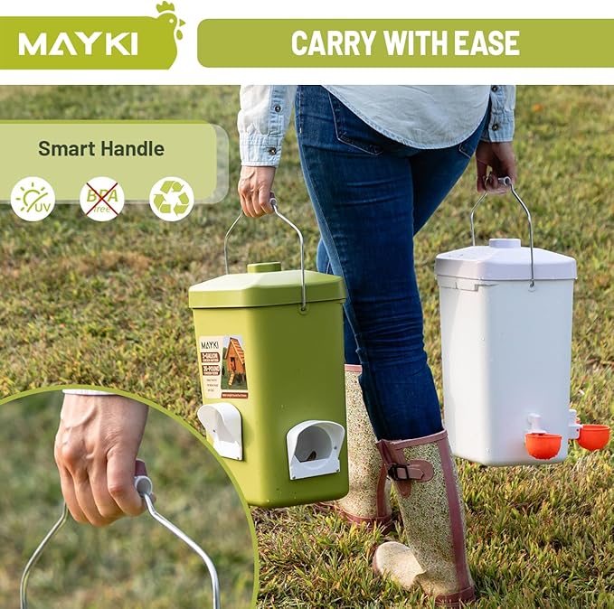 MAYKI Chicken Feeder and Waterer Set, 3 Gallon/26 LB No Waste Poultry Feeding System with Hanging Option, Automatic Coop Accessories for 10 Hens, Upgraded Feeder Port Water Cup, BPA-Free Winter Design