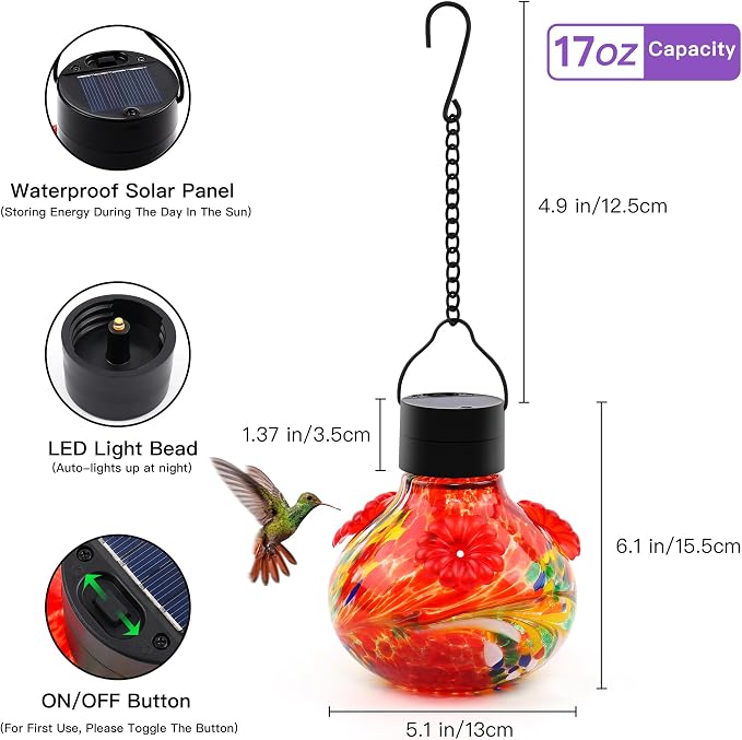 SAVENNA Hand Blown Glass Solar Hummingbird Feeder with Soft Night Light,17oz Leak-Proof Decorative Feeder for Outdoor Garden Patio Yard –Ruby Red Phoenix Swirl
