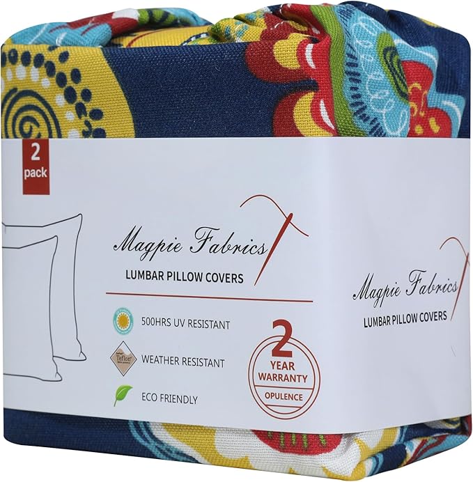 Magpie Fabrics Pack of 2 Outdoor Lumbar Pillow Case Covers 12"x20", Waterproof Rectangular Throw Pillowcase Shell Decorative Sham for Patio Garden Couch - Floral Navy