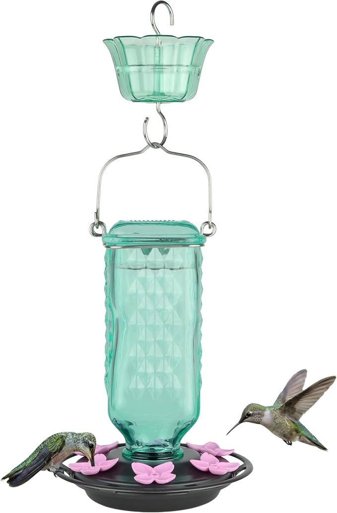 Nature’s Way Dewdrop Column Antique Teal Glass Gravity Hummingbird Feeder with Ant Moat, 23 Ounce Capacity, 6 Flexible Pink Lilac Flower Ports, Continuous Perch Ring, Easy-Clean Pewter Plastic Base