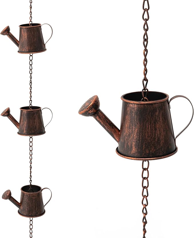 Glitzhome 8.5ft Rain Chain for Gutters 11-Piece Faux Copper Watering Pot Catcher Replacement for Downpout