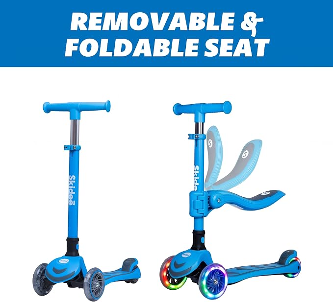 SKIDEE Kick Scooter for Kids Ages 3-5 | Foldable 3 Wheel Scooter with Lean-to-Steer, Adjustable Height, Removable Seat & LED Light Wheels | Toddler Scooter Up to 12 Year Old Boys/Girls