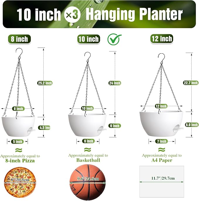 10 Inch Self Watering Hanging Planters, 3 Pack Plastic Plant Pots | Sturdy lightweight pot with side watering lip, drainage holes, snap-on detachable tray & hanging chain for easy care