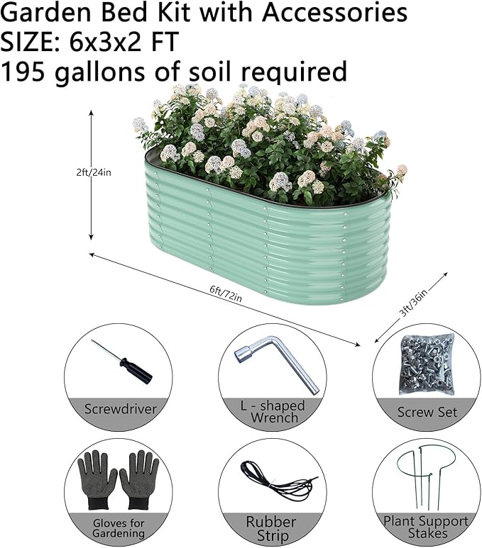 ZFHgarden Garden Box Raised Flower Bed Galvanized Metal Planter Round Raised Garden Bed Kit for Gardening Outdoor 1PC Green 6X3X2FT