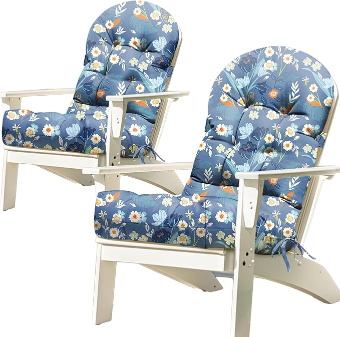 2Pcs Adirondack Chair Cushion Waterproof Indoor Outdoor Rocking Chair Cushion 44 Inches Patio High Back Chair Cushions Thickened Adirondack Rocking Chair Cushions with Ties, Blue Peony