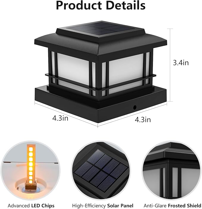 8 Pack Solar Post Cap Lights Outdoor with Flickering Flame, Fence Post Solar Lights Fit for 4x4 3.5x3.5 Wooden Vinyl Posts, Waterproof Solar Lamp for Garden, Deck, Patio, Yard Decor (Black)