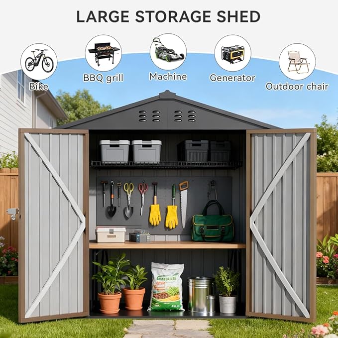 COMHOMA Shed Storage Outdoor Metal Windowed Lockable Solar Motion Light Adjustable Weatherproof Ventilated Backyard Garden Utility Workshop(Brown,6'*4')