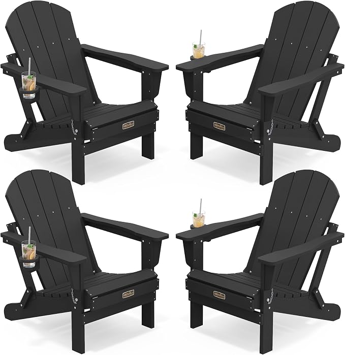 SERWALL Foldable Adirondack Chair Set of 4, All Weather Adirondack Chairs with Cup Holder for Patio Garden Outdoors Fire Pit-Black