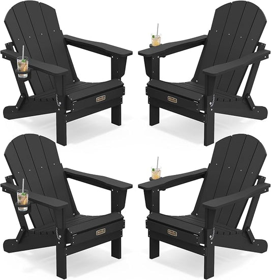 SERWALL Foldable Adirondack Chair Set of 4, All Weather Adirondack Chairs with Cup Holder for Patio Garden Outdoors Fire Pit-Black