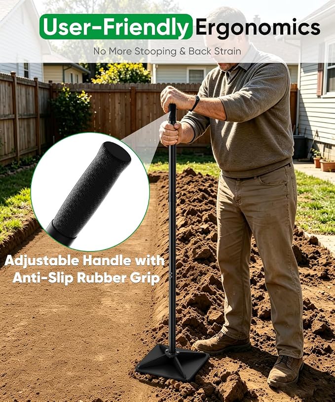 Heavy Duty Steel Hand Tamper, 8"x8" Soil Plate Compactor with 44" Adjustable Handle & Rubber Grip, Anti-Loose Ladscaping Tools for Ground, Gravel, Dirt, Sand, Asphalt, Pavers, Blacktop, Black