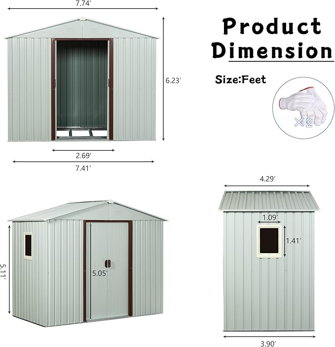 8x4 FT Outdoor Metal Storage Shed with Window, Galvanized Steel Garden Shed, Lockable Sliding Door, Sloped Roof, Ventilated Tool Storage House with Foundation Kit for Backyard Lawn, White