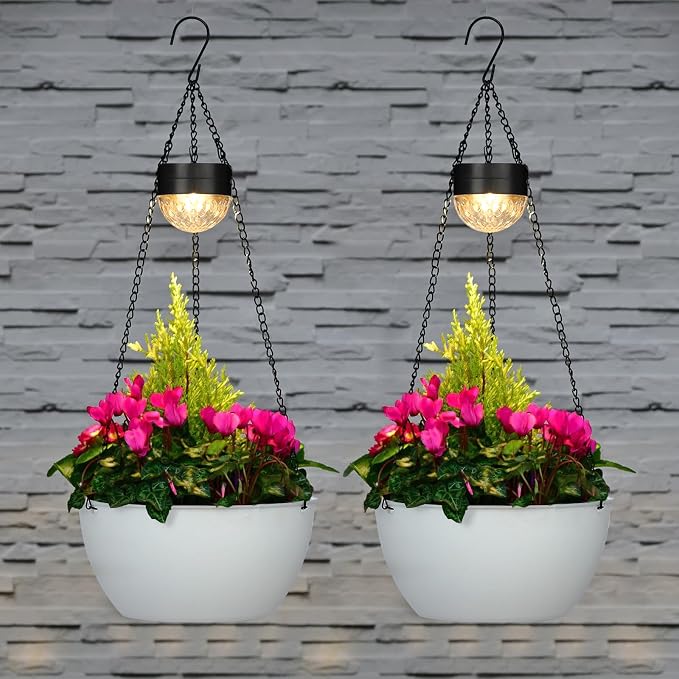 BAYN 2 Packs Solar Hanging Basket Planters for Plants Outdoor, Self Watering White Flower Plants Pots with Solar Light Drainer for Balcony Patio Garden Outdoor Decoration