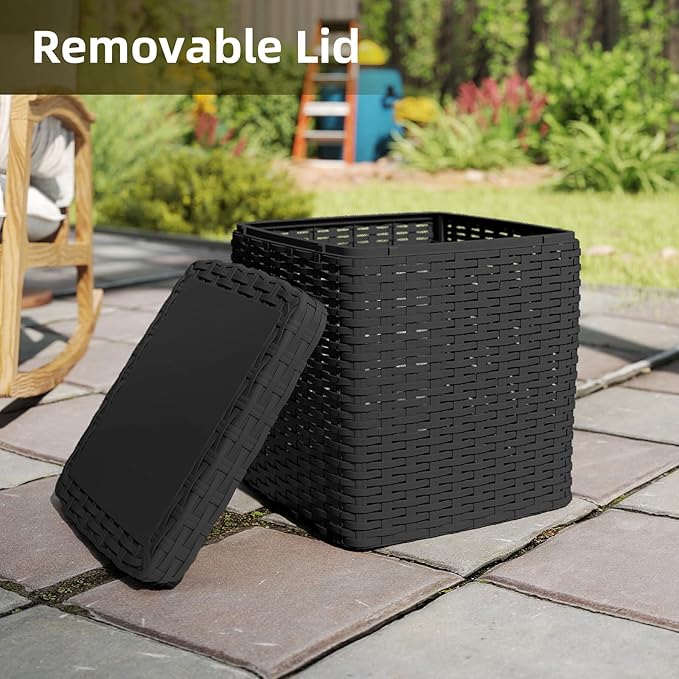 14 Gallon Outdoor Storage Box, Faux Rattan Deck Box with Removable Lid & Lockable Feature, All-Weather Waterproof Storage Bench for Poolside, Garden Tools Delivery Packages, Black