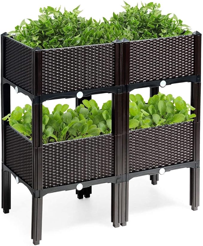 LDAILY LUARANE Raised Garden Bed Kit, Outdoor Plastic Planter Box Set of 4, Elevated Garden Beds with Brackets, Suitable for Garden Patio Balcony Dining Room