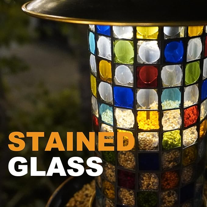 Solar Bird Feeder for Outdoors Hanging - Mosaic Glass Bird Feeder for Cardinals and Finches, Garden Décor Gift for Nature Lovers (1.5 lbs Capacity, Vita/Square)
