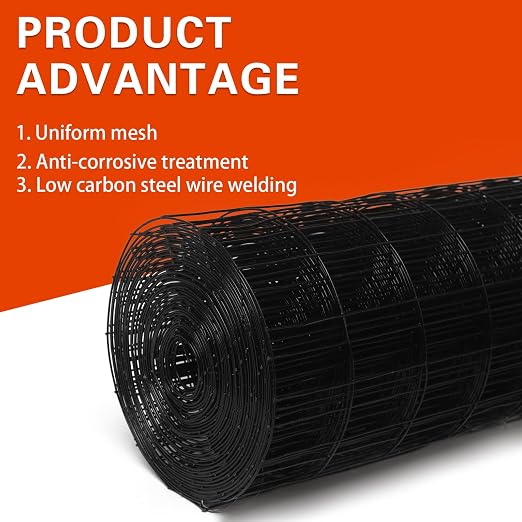 Welded Wire Fence 48inx50ft, 16GA, Mesh Size 2" x 3" Black Hardware Cloth, Chicken Wire Fence, PVC Coated Garden Border Fencing, Vinyl Coating Metal Wire Mesh for Yard, Dog Vegetable, Plant