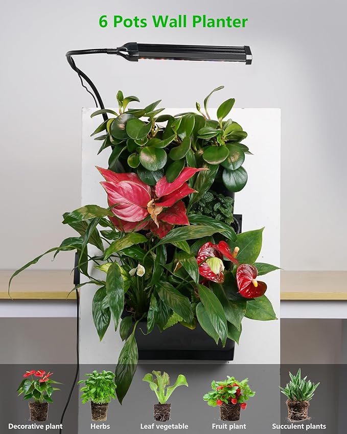 Wall Planters for Indoor Plants with Grow Light & Self Watering System, 6-Pot Vertical Garden for Herbs, Vegetables, Flowers, Succulents, Includes Screws & Expansion Pipes