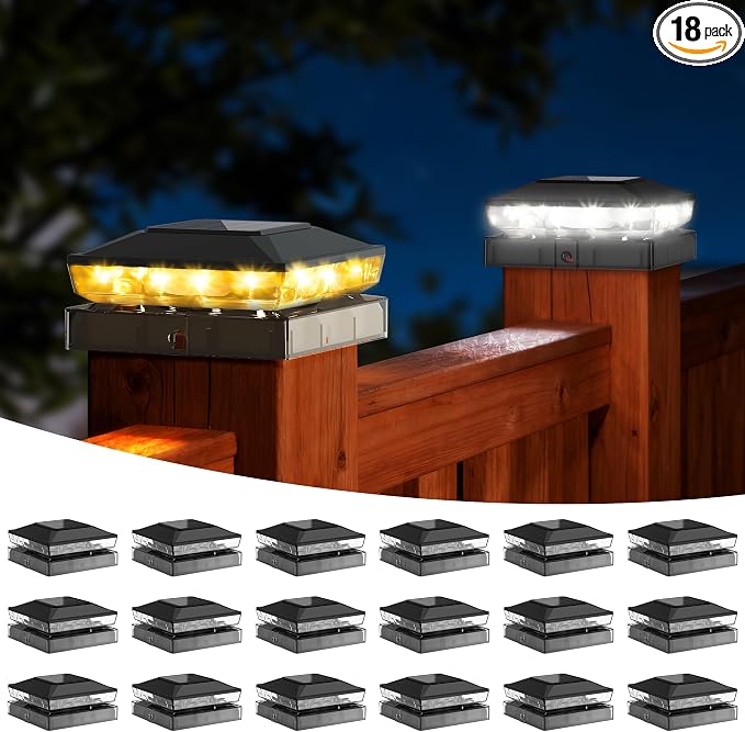 KEILAIMO Solar Post Cap Lights Outdoor, 18 Pack Upgraded Waterproof Deck Fence Post Solar Lights for 3.5x3.5 4x4 5x5 Vinyl/Wood Posts, 10-12 Hours Warm/Cool White Glow for Garden/Patio/Porch - Black