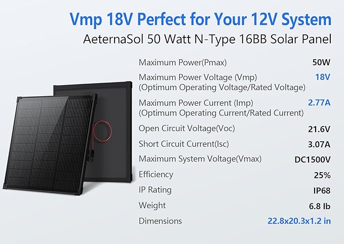 Solar Panels N-Type 16BB 50W Solar Panel, 50 Watt Solar Panel 18V A+ Monocrystalline Cell 25% High Efficiency, for RV Van Marine Home Rooftop Off-Grid Systems (22.8" x 20.3", Single Black)